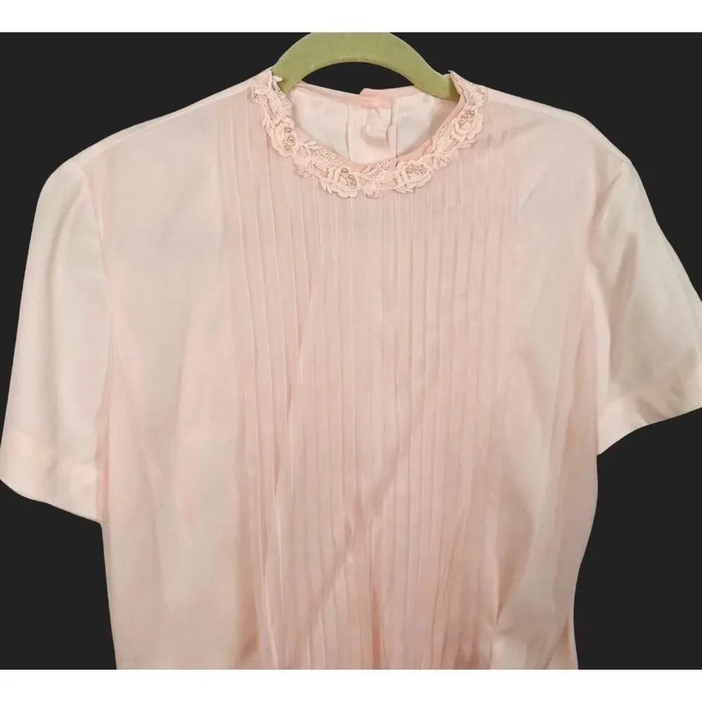 VTG Pink Pleated Sheer Button Back Blouse Size M Rosette Beaded Collar Victorian